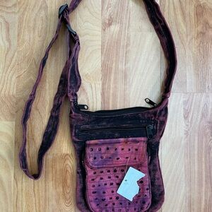 Soft Burgundy Pink & Black Perforated Cotton Crossbody Zipper Bag